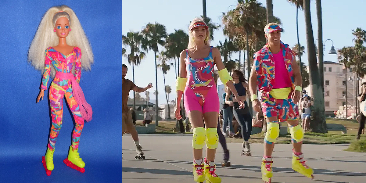 1994’s Hot Skatin’ Barbie, Margot Robbie and Ryan Gosling wearing similar outfits and rollerblades - an example of how Margot Robbie’s Barbie Costumes Evolve with the Narrative