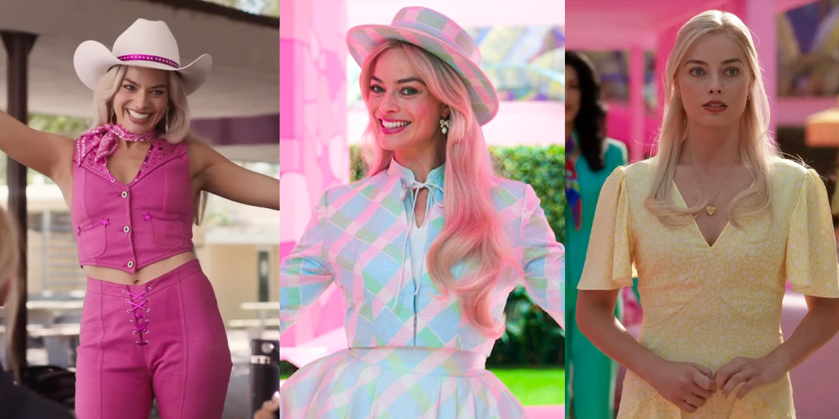 cowgirl outfit, pastel blue dress, and yellow dress in the movie Barbie