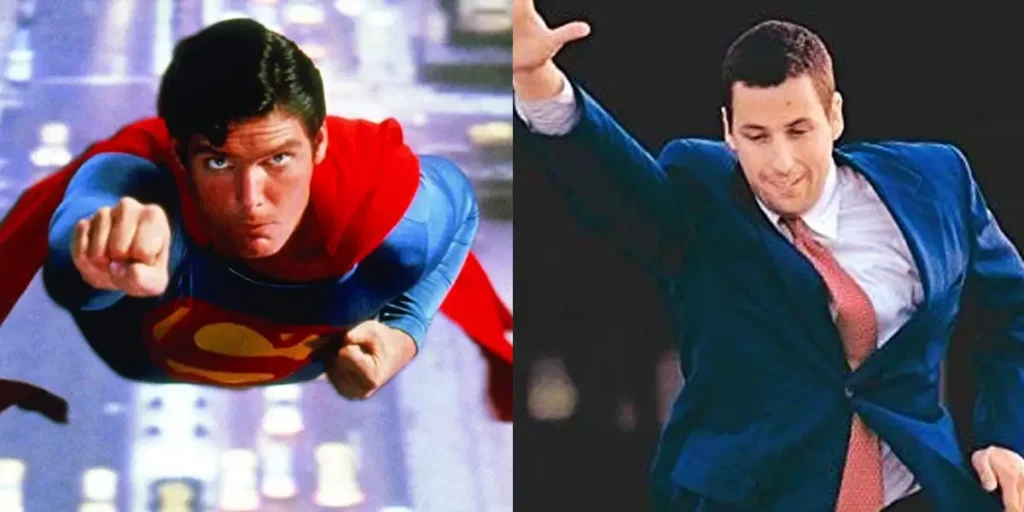 Christopher Reeve as Superman, flying with his hand in the air, and Barry Egan from Punch-Drunk Love assuming a similar post