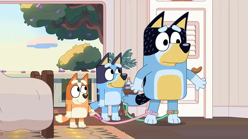 Three characters of Bluey open the door in Daddy Dropoff, one of the 5 Best Episodes of Bandit