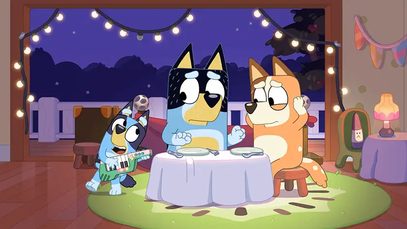 Three characters of Bluey have dinner in Fancy Restaurant, one of the 5 Best Episodes of Bandit