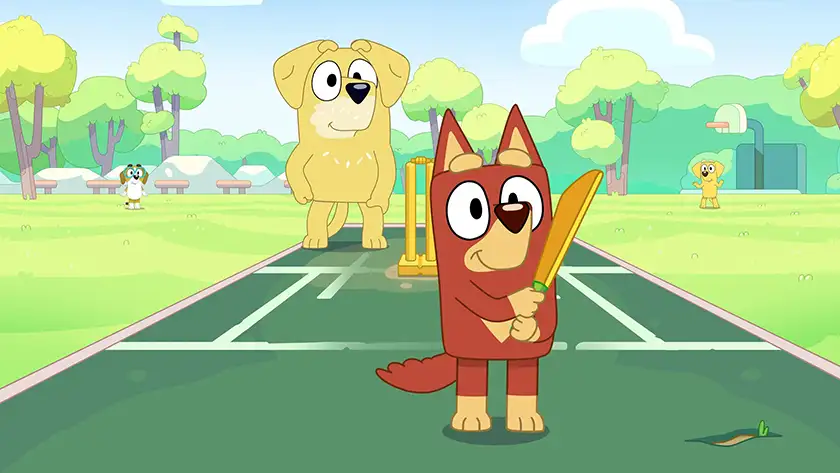 Two animated dogs play cricket