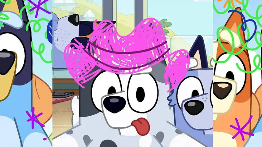 A dog takes a selfie with two other dogs in Faceytalk, one of the Bluey supporting characters' 5 best episodes according to Loud and Clear Reviews