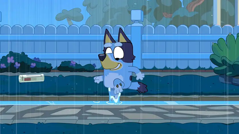 A blue dog runs on a puddle in the rain,  looking down, in the episode "Rain"