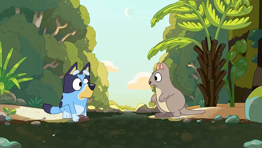 Bluey and a squirrel stare at each other in "The Creek"