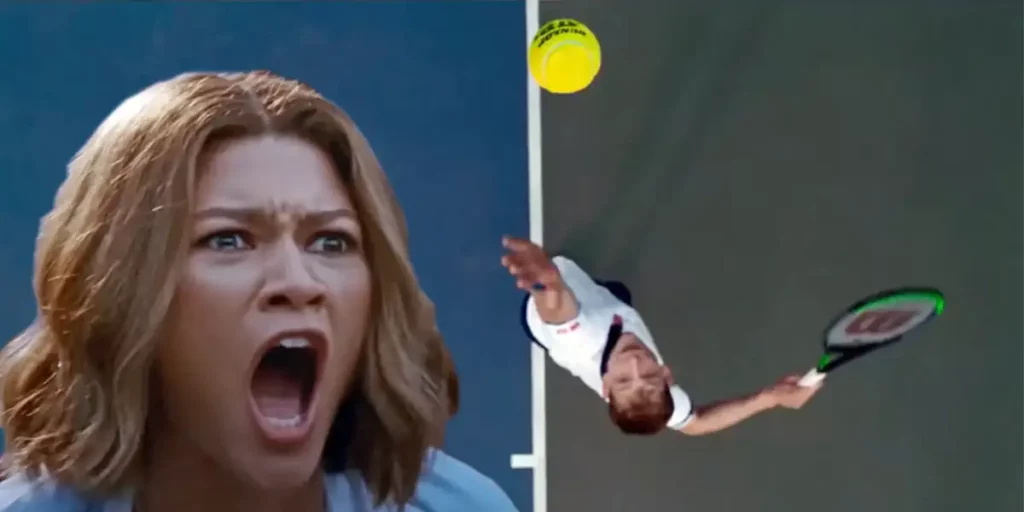 Mike Faist as art plays tennis, seen from above, and Zendaya shouts as Tashi watching him, in the film Challengers, whose perfect ending is explained in this article