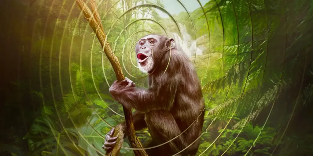A monkey makes a sound and we can see the waves coming out of its mouth in the Apple TV+ series “Earthsounds”