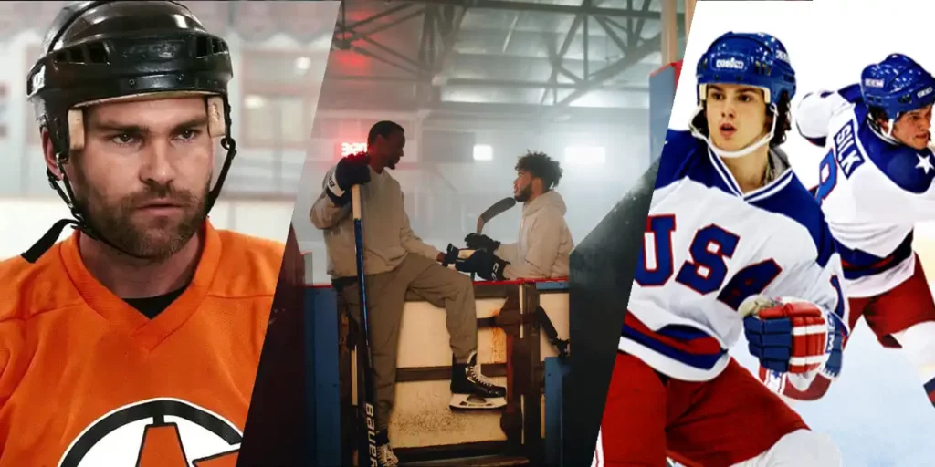Stills from Goon, Black Ice, and Miracle, three films about ice hockey