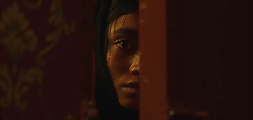 A woman's eye and part of her face are seen through a door in the film In Flames
