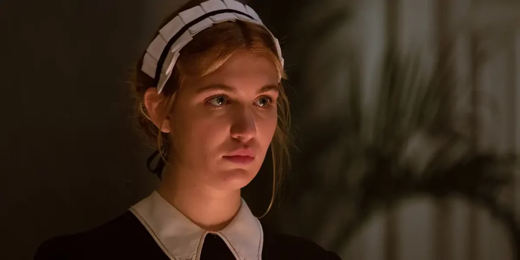 A closeup of Sophie Nélisse in the 2024 film Irena’s Vow