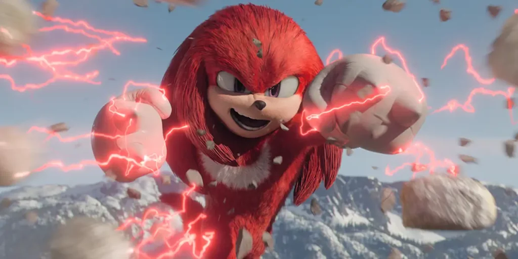 The character Knuckles, from the game Sonic the Hedgehog, flies with his fists in the air and lightning sparking out of them