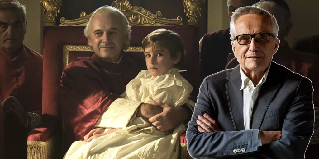A pope holds a child in a still from the film Kidnapped, with an outline of director Marco Bellocchio on the right
