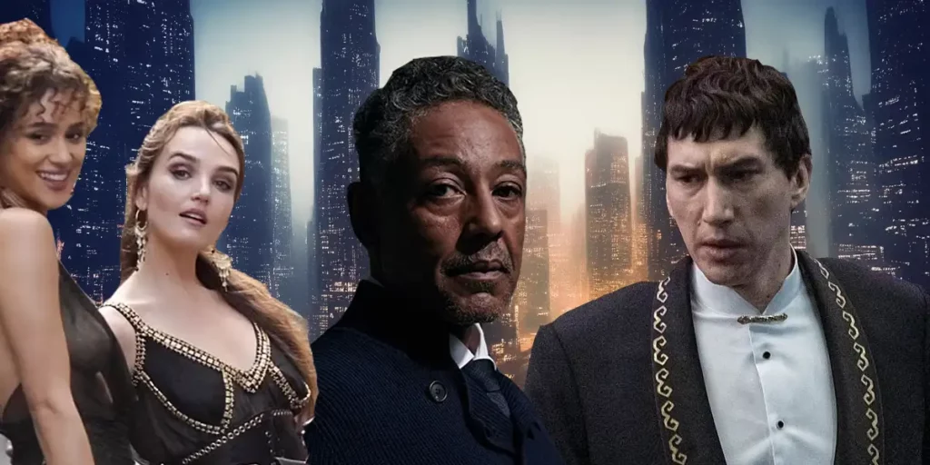 The photo of a metropolis with two women, Giancarlo Esposito and Adam Driver in front of it, meant to represent the film Megalopolis