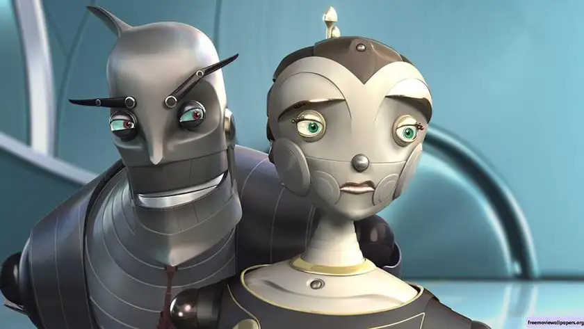 A happy robot stands next to a sad robot in the film Robots