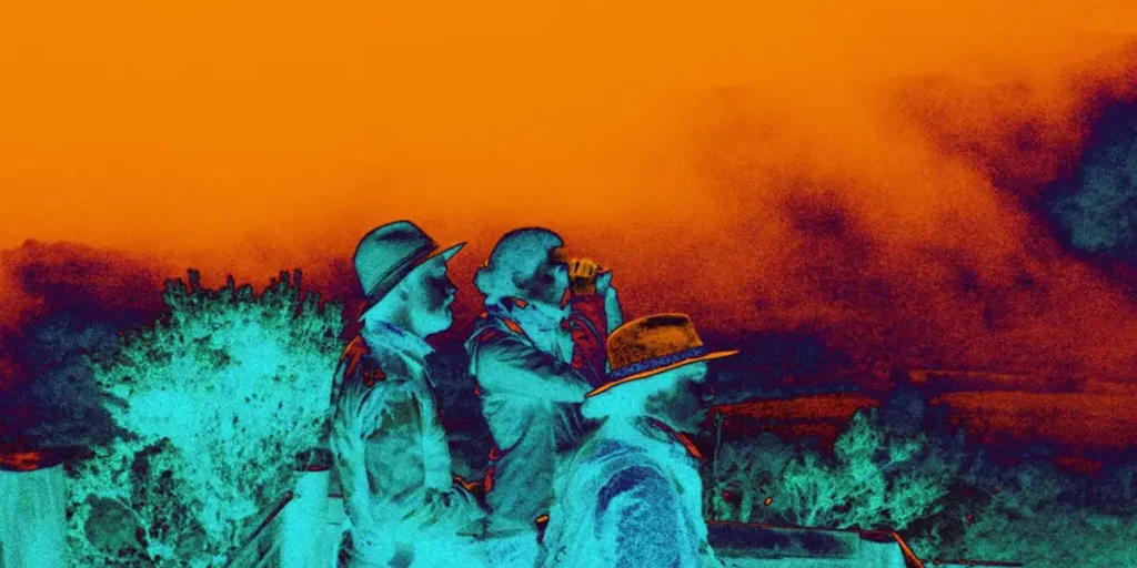The blue outline of two people in front of a yellow background in the film The Soldier's Lagoon