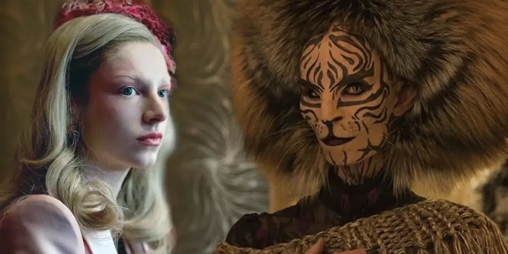 Two pictures of the character Tigris Snow from the Hunger Games prequel and sequel