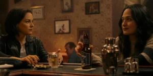 Riley Keough and Lily Gladstone sit at a table in episode 3 of Under the Bridge