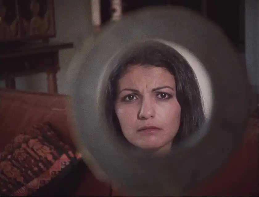 A woman looks through a lens in the film Leila and the Wolves