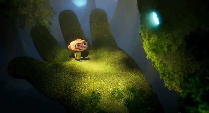 An animated photo of a boy sitting on a giant hand made of grass  in the film ANGELO DANS LA FORÊT MYSTÉRIEUSE
