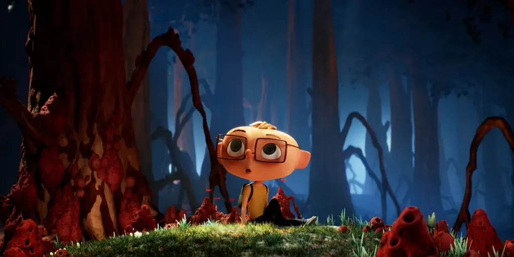 An animated still of a boy standing in the middle of a dark forest in the film ANGELO DANS LA FORÊT MYSTÉRIEUSE