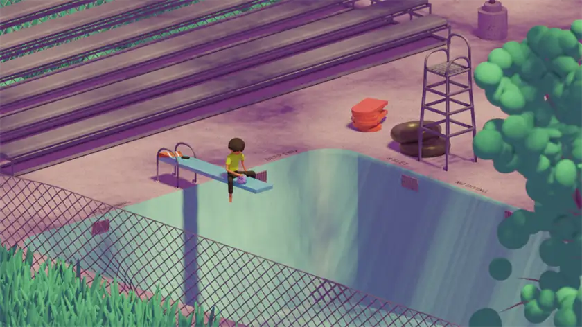 An animated picture of a boy sitting on a trampoline by an empty pool in the movie Boys Go To Jupiter, one of the 15 films to watch at the Tribeca Film Festival according to Loud and Clear Reviews
