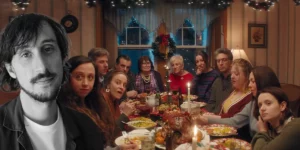 A black and white still of director Tyler Taormina overlayed on a photo of people gathering around the Christmas table in his film Christmas Eve in Miller's Point