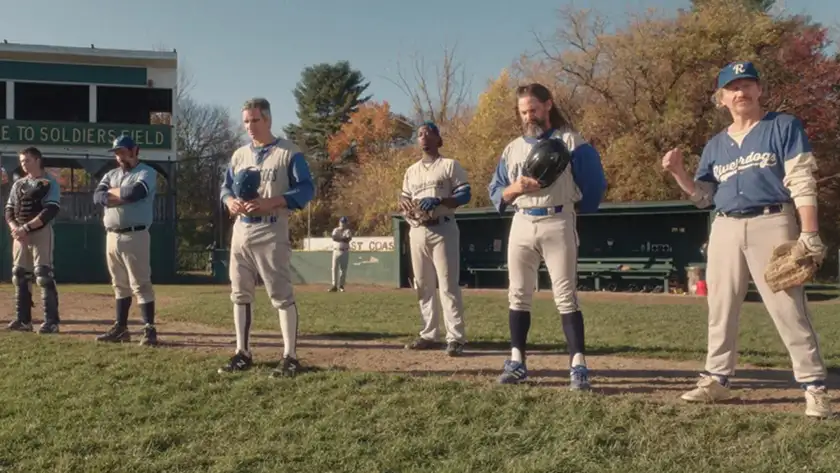 Six men stand on the baseball field in the film Eephus