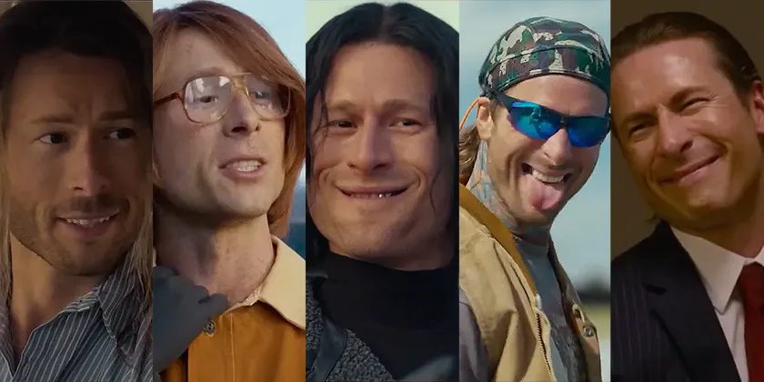 Five different personas all played by Glen Powell in the 2024 movie Hit Man, which you absolutely need to watch