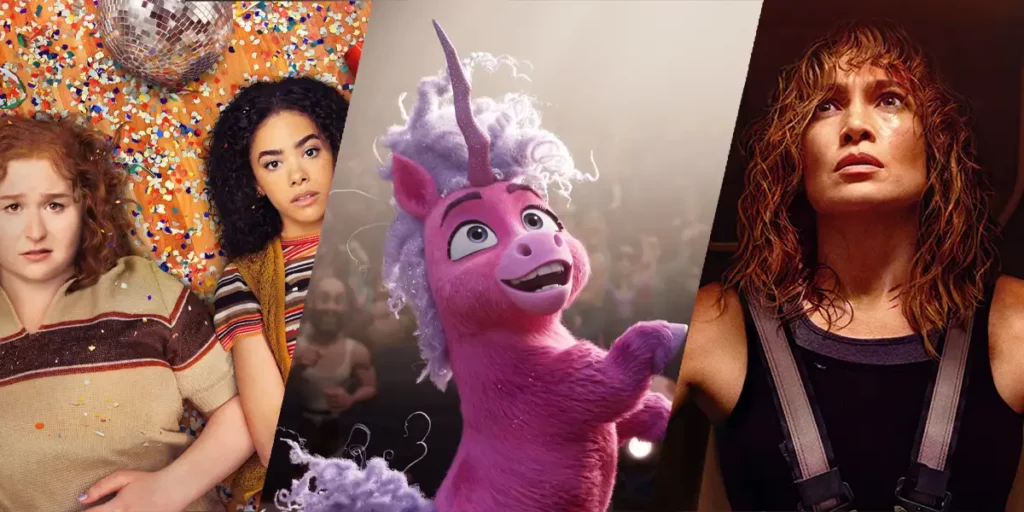 Stlls from Prom Dates, Thelma the Unicorn, and Atlas, three new original movies to stream in May 2024