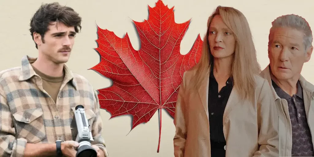 The outlines of Jacob Elordi, Uma Thurman and Richard Gere and a maple leaf featured on the poster for Paul Schrader's film Oh, Canada