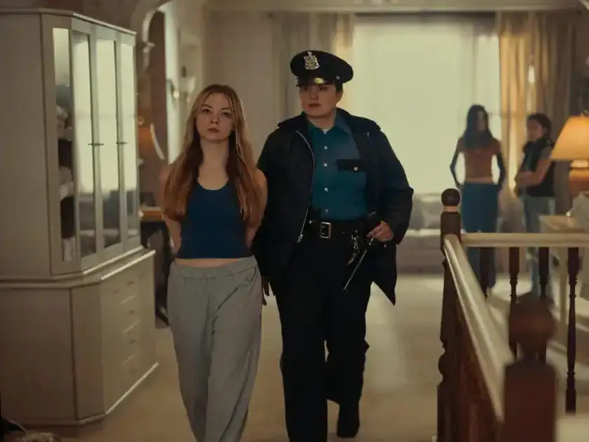 A police officer walks behind a teenagers, holding her handcuffed hands behind her back