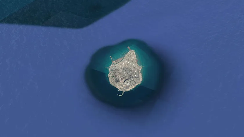 An aerian image of Zirku Island in the film A Stone's Throw