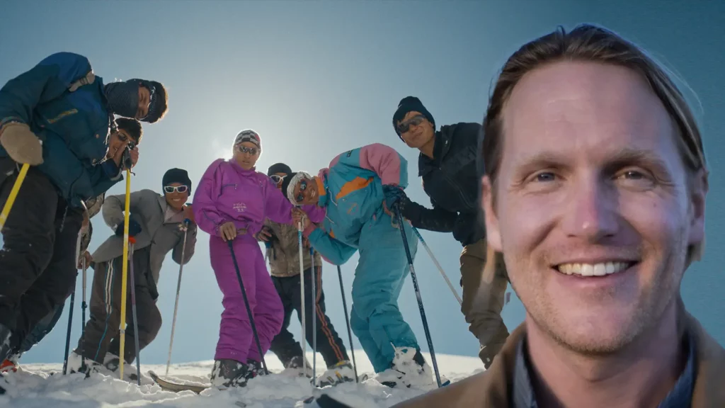 Ben Sturgulewski, whom we interviewed, and a still from his film Champions of the Golden Valley with skiers in a circle on the mountains