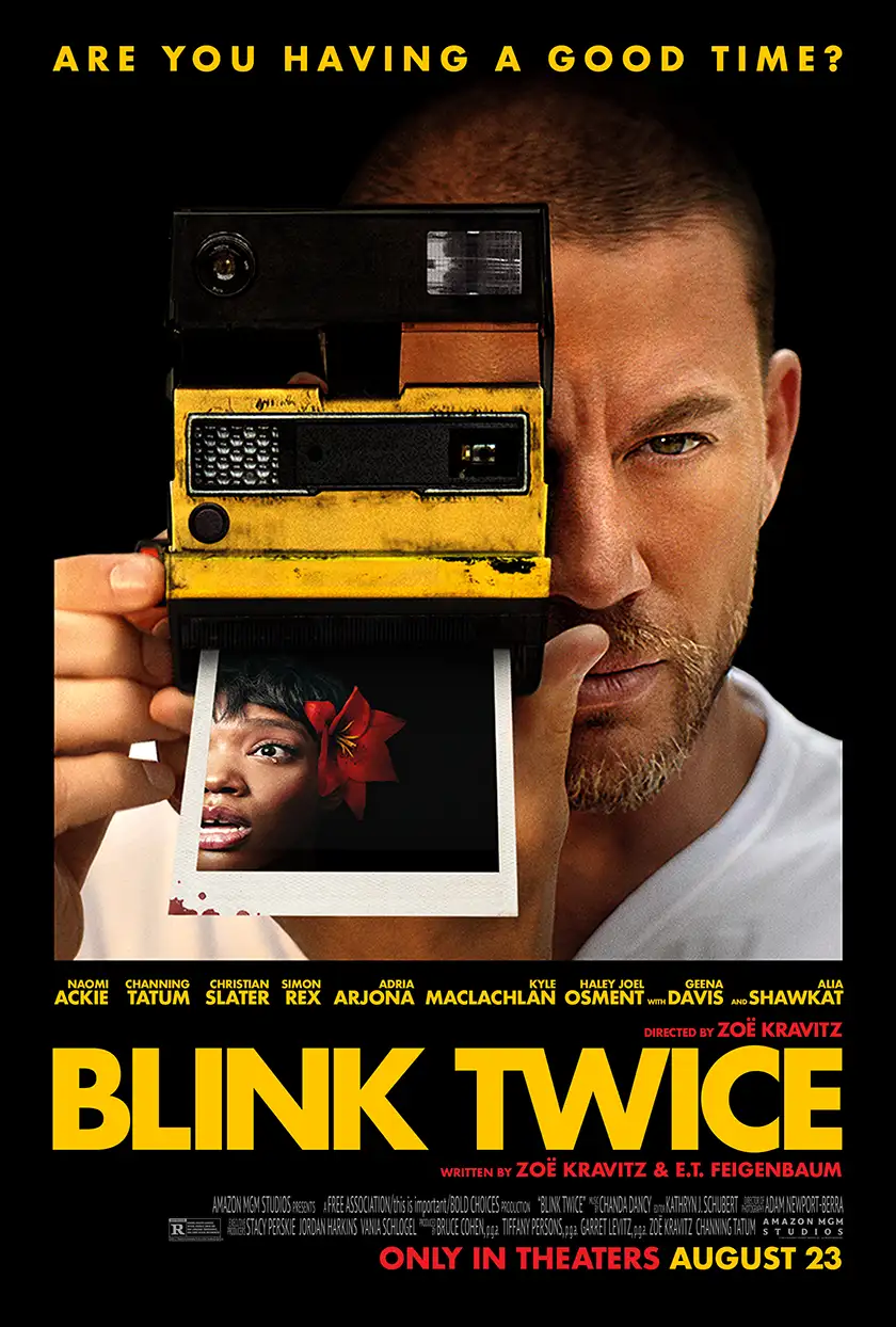 Channing Tatum takes a polaroid in the official poster for the Zoë Kravitz movie Blink Twice, used in an article with everything we know about the film
