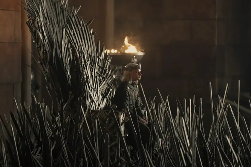 Tom Glynn-Carney sits on the iron throne in season 2 episode 1 of House of the Dragon, from the Loud and Clear recap - review