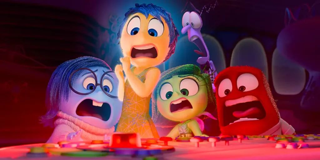The four emotions of Inside Out 2 are scared looking at a button