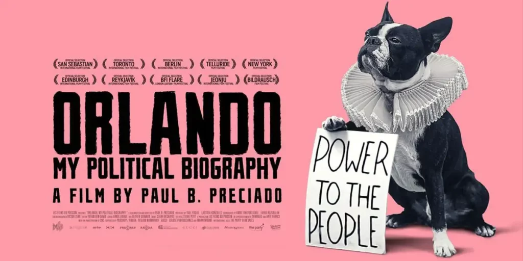 A dog wears an Elizabethian collar and holds a sign that reads "power to the people" in black and white against a pink background in the poster for the film Orlando, My Political Biography