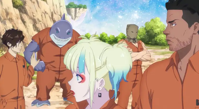 Five characters wear an orange suit on the beach in the series premiere of Suicide Squad Isekai
