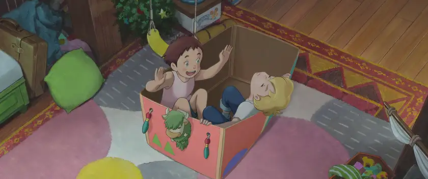 Two animated children play inside a box in the Netflix film The Imaginary
