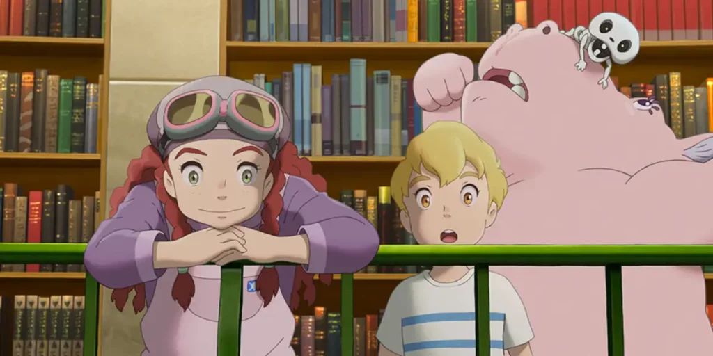 Three animated characters lean on a balcony with books behind them in the Netflix film The Imaginary