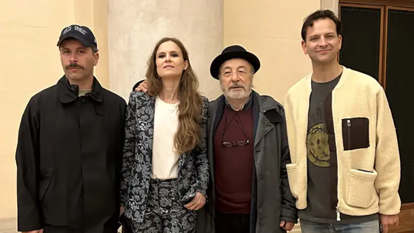 Gabriel Montesi, Federica Rossellini, Gianni Amelio and Alessandro Borghi pose for a photo while shooting Battlefield, one of the 20 Movies We Might See at the 2024 Venice Film Festival according to Loud and Clear's Predictions