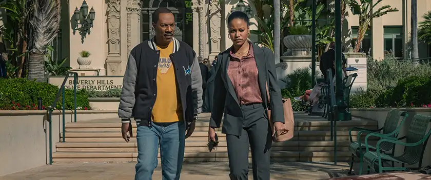 Eddie Murphy as Axel Foley and Taylour Paige as Jane Saunders in Beverly Hills Cop: Axel F. 