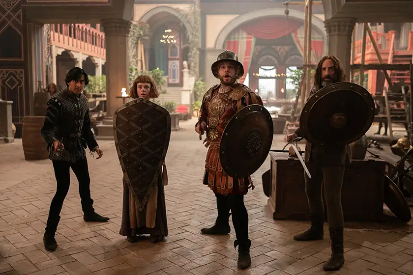 (L to R) Karan Gill as Panfilo, Saoirse-Monica Jackson as Misia, Douggie McMeekin as Tindaro and Tony Hale as Sirisco in Episode 108 of Netflix's The Decameron, featured in a Loud and Clear article about what to expect from the series