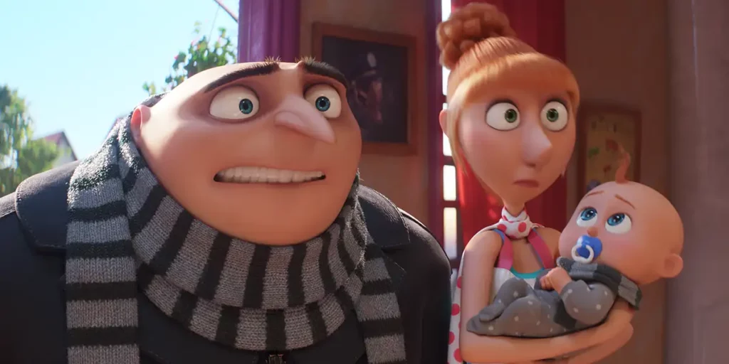 An animated man on the left, and his wife and kids on the right, in Despicable Me 4