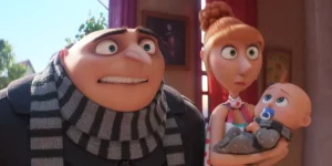 An animated man on the left, and his wife and kids on the right, in Despicable Me 4