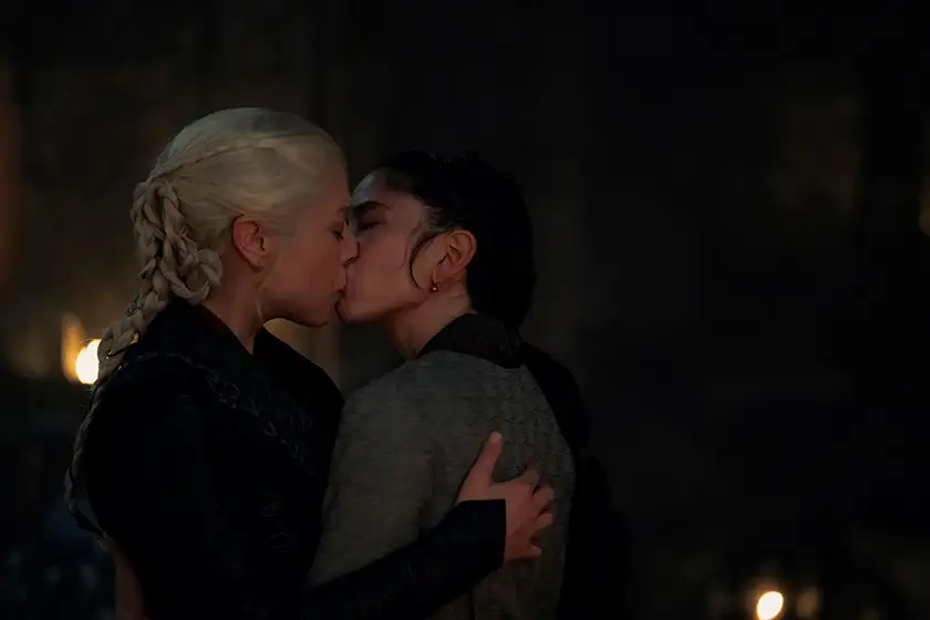 Emma D’Arcy and Sonoya Mizuno kiss in season 2 episode 6 of House of the Dragon, in a still featured in Loud and Clear's recap and review of the episode