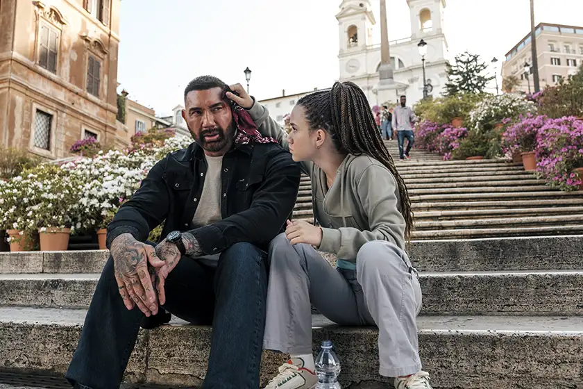 Dave Bautista as JJ and Chloe Coleman as Sophie in My Spy: The Eternal City