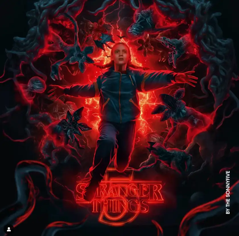 The fan made poster for Stranger Things Season 5 depicting Max falling, featured in Loud and Clear Reviews' article with everything we know about the Netflix show