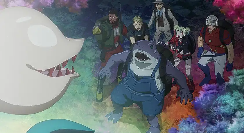 The team stares at a white dragon with a scared face in episode 5 of Suicide Squad Isekai