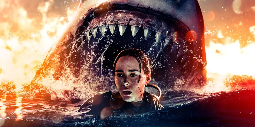 Poster for Joachim Hedén’s film The Last Breath, showing a woman in the water with a shark behind her